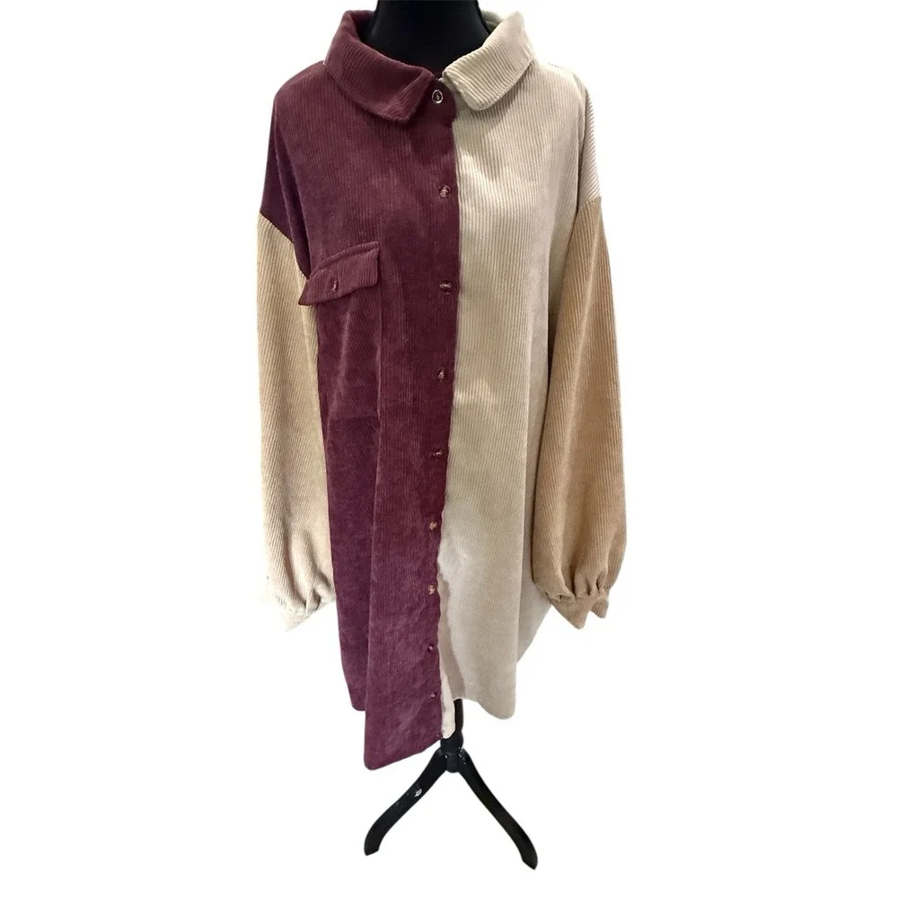 Nasty Gal Colorblock Corduroy Long Sleeve Shirt Dress Sz 18 Indie Sleaze - Picture 2 of 8